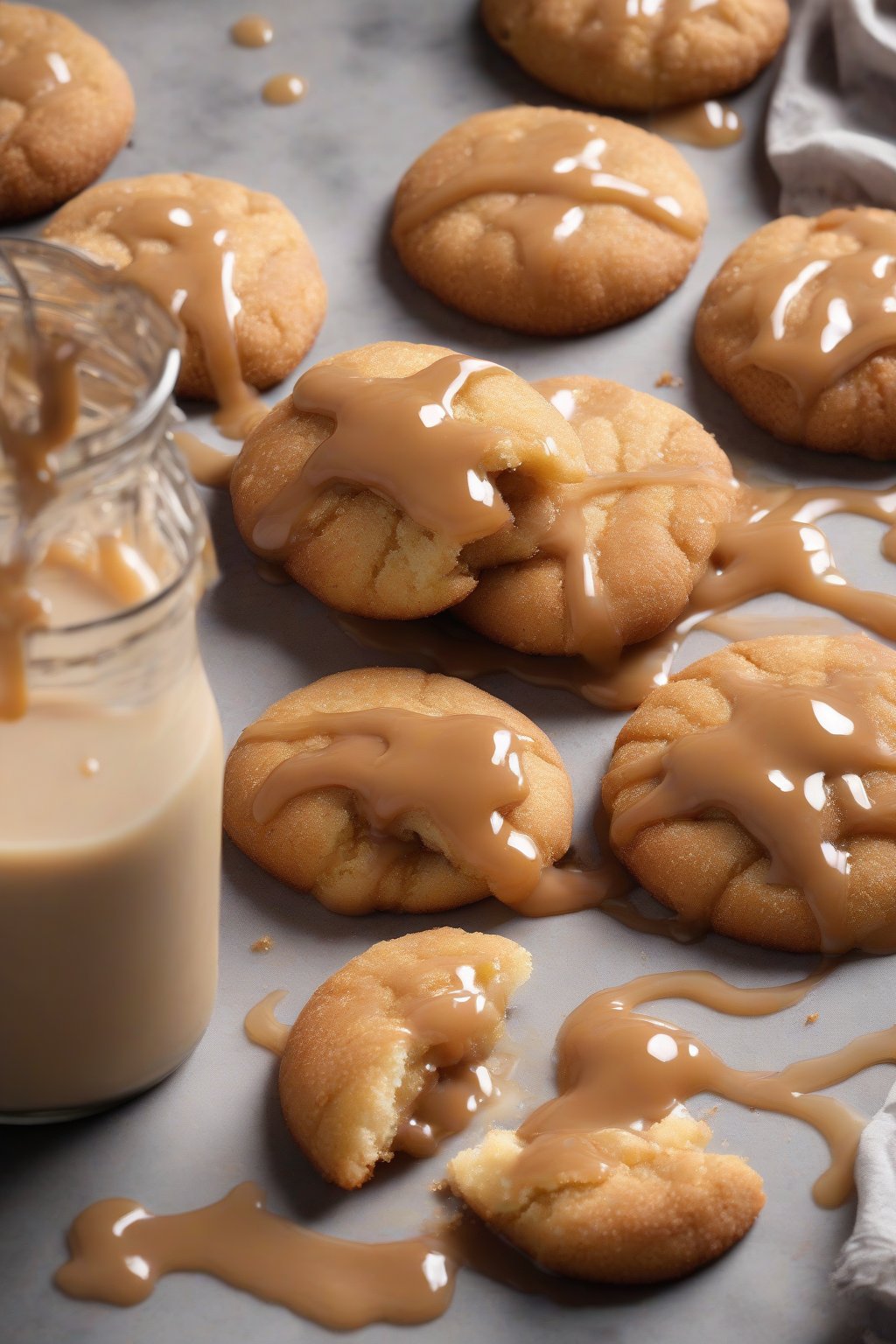 A high-resolution photo of salted caramel soft snickerdoodles with dripping sauce under soft lighting.