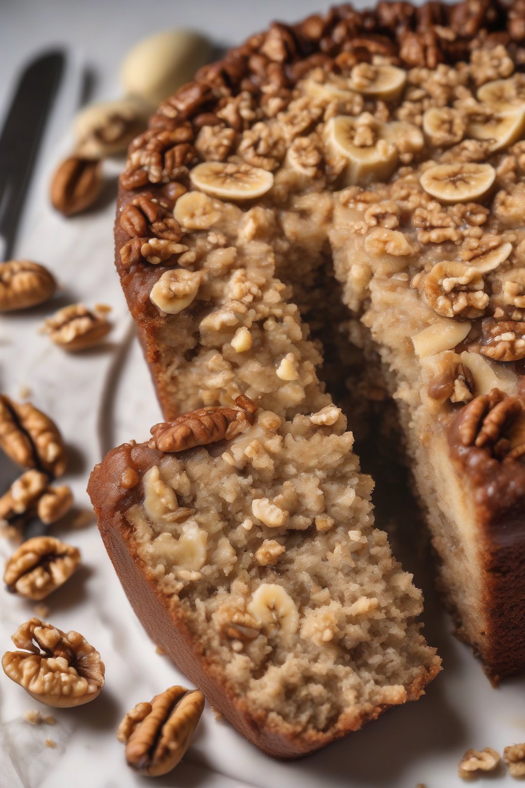 A high-resolution close-up photo of banana nut moist cake with whole walnuts embedded, crumbly yet moist texture, under soft lighting.