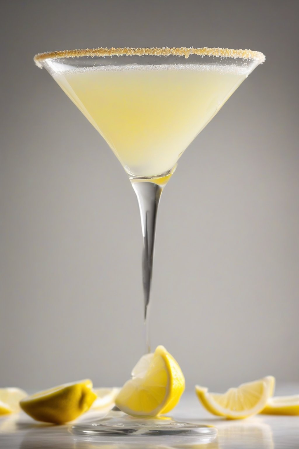 A high-resolution photo of a classic tart Lemon Drop Martini in a sugar-rimmed glass with a lemon twist garnish, under soft lighting.