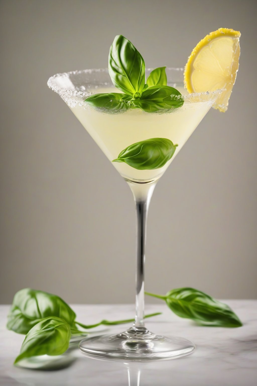 A high-resolution photo of a basil-infused tart Lemon Drop Martini garnished with a fresh basil leaf, under soft lighting.