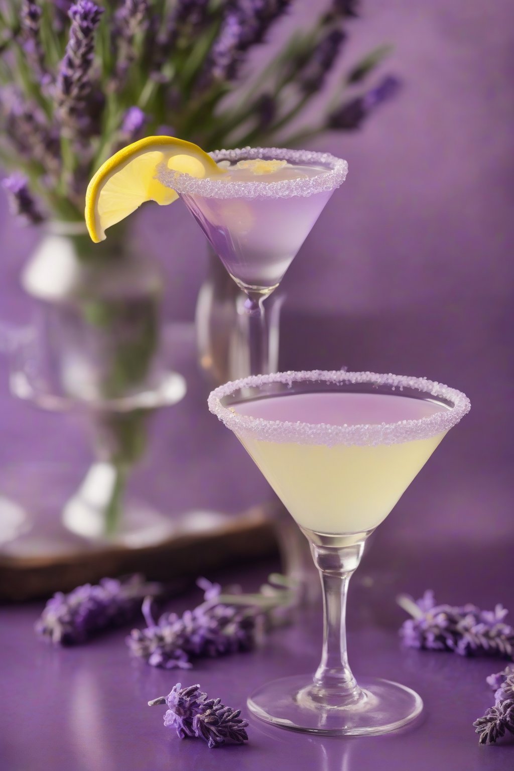 A high-resolution photo of a lavender Lemon Drop Martini with purple tinges in a floral-rimmed glass, under soft lighting.