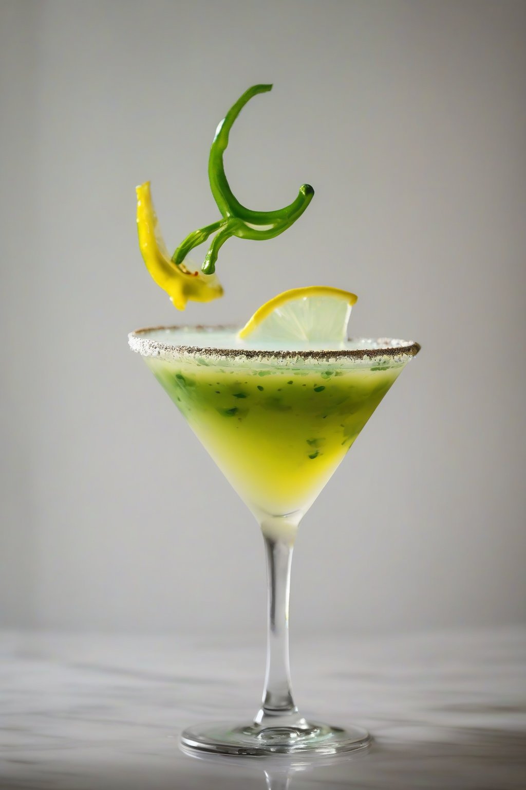 A high-resolution photo of a spicy jalapeño tart Lemon Drop Martini with green flecks and chili rim, under soft lighting.