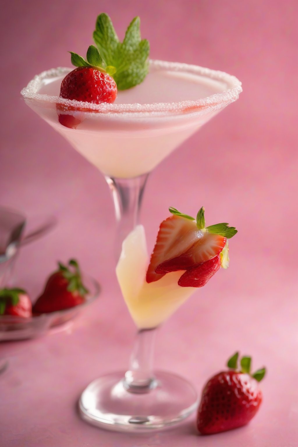A high-resolution photo of a strawberry tart Lemon Drop Martini topped with a strawberry slice, under soft lighting.