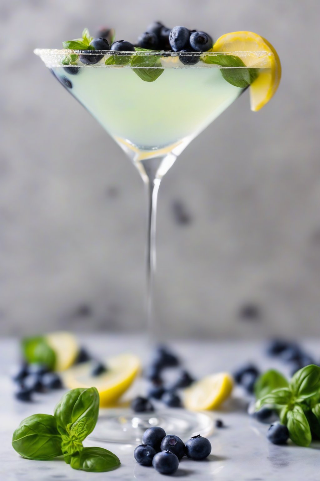 A high-resolution photo of a blueberry basil tart Lemon Drop Martini with floating blueberries, under soft lighting.