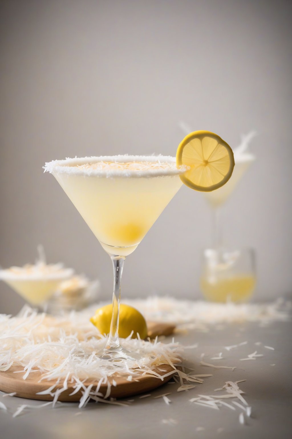 A high-resolution photo of a coconut tart Lemon Drop Martini with shredded coconut rim, under soft lighting.