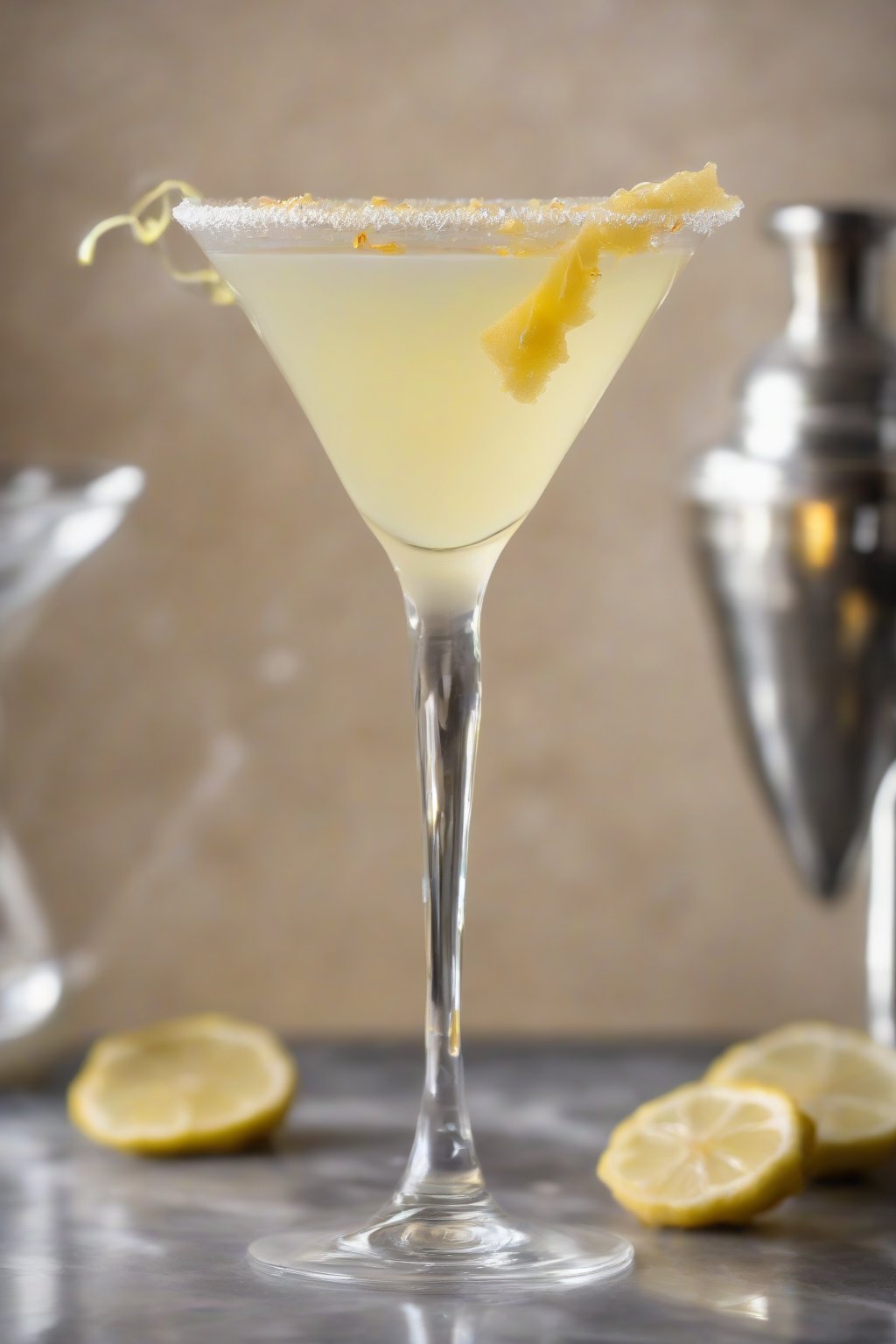 A high-resolution photo of a ginger tart Lemon Drop Martini garnished with candied ginger, under soft lighting.