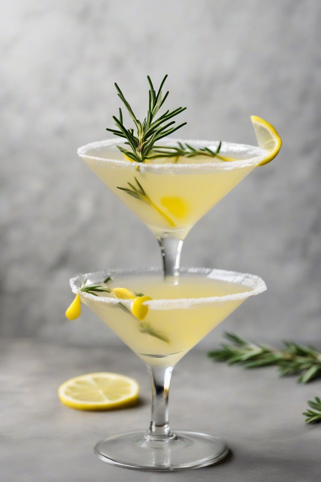 A high-resolution photo of a rosemary tart Lemon Drop Martini with a sprig garnish, under soft lighting.