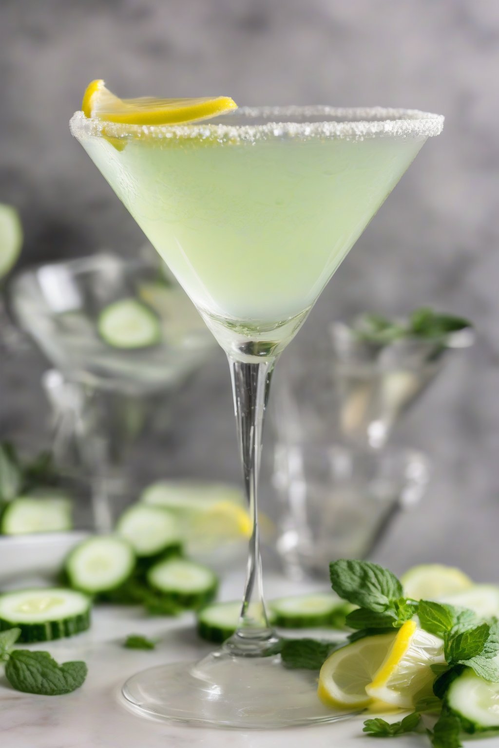 A high-resolution photo of a cucumber mint tart Lemon Drop Martini with cucumber wheel, under soft lighting.