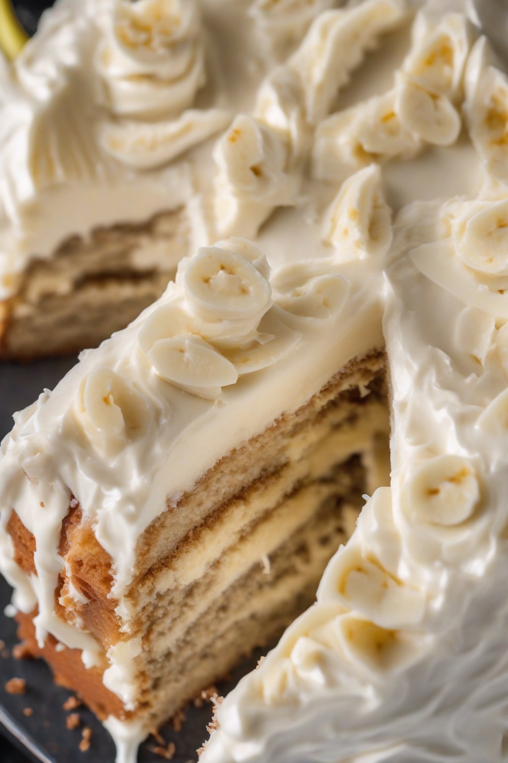A high-resolution close-up photo of cream cheese frosted moist banana cake layers, glossy frosting dripping slightly, under soft lighting.