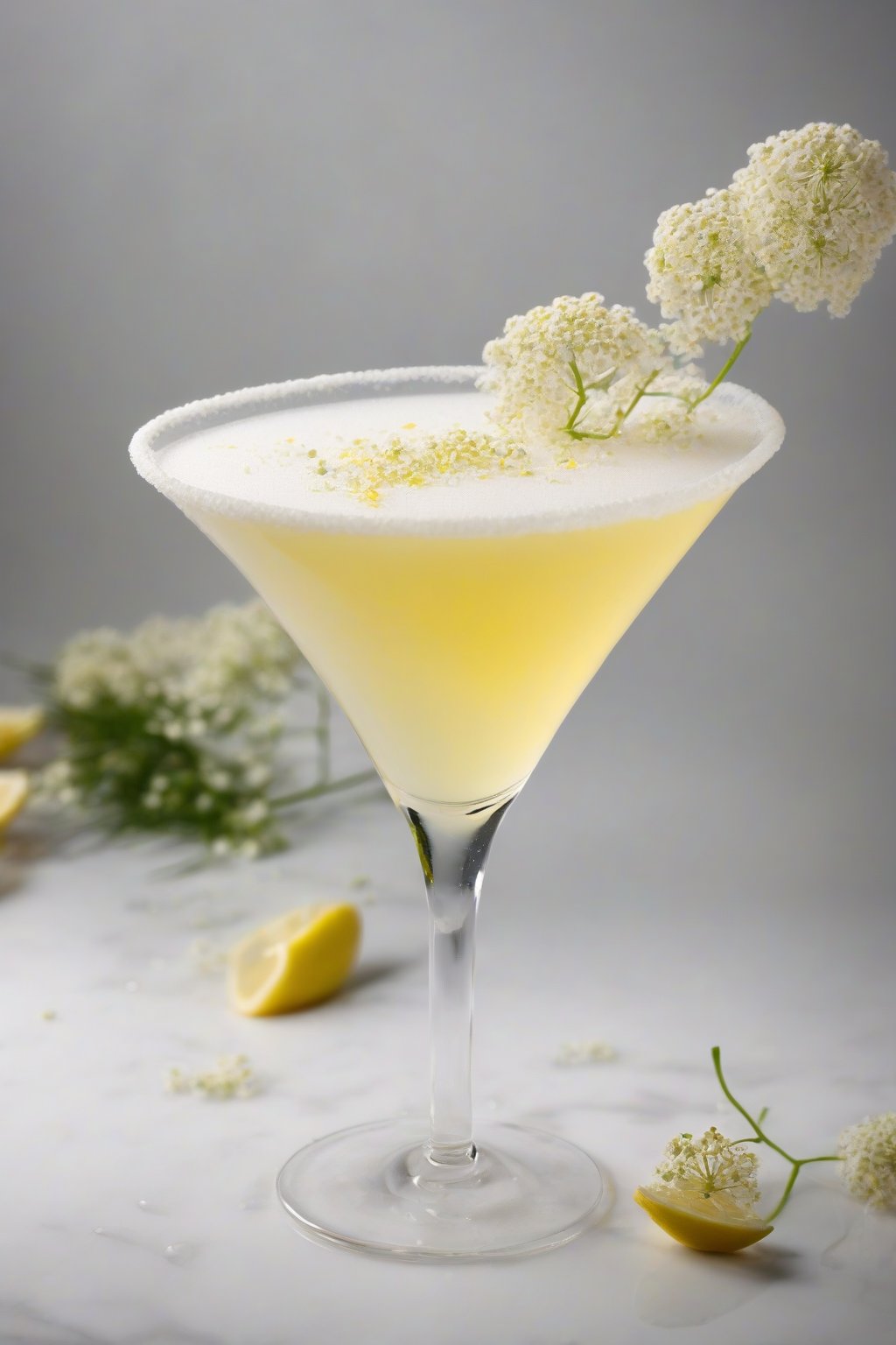 A high-resolution photo of an elderflower tart Lemon Drop Martini with delicate foam, under soft lighting.