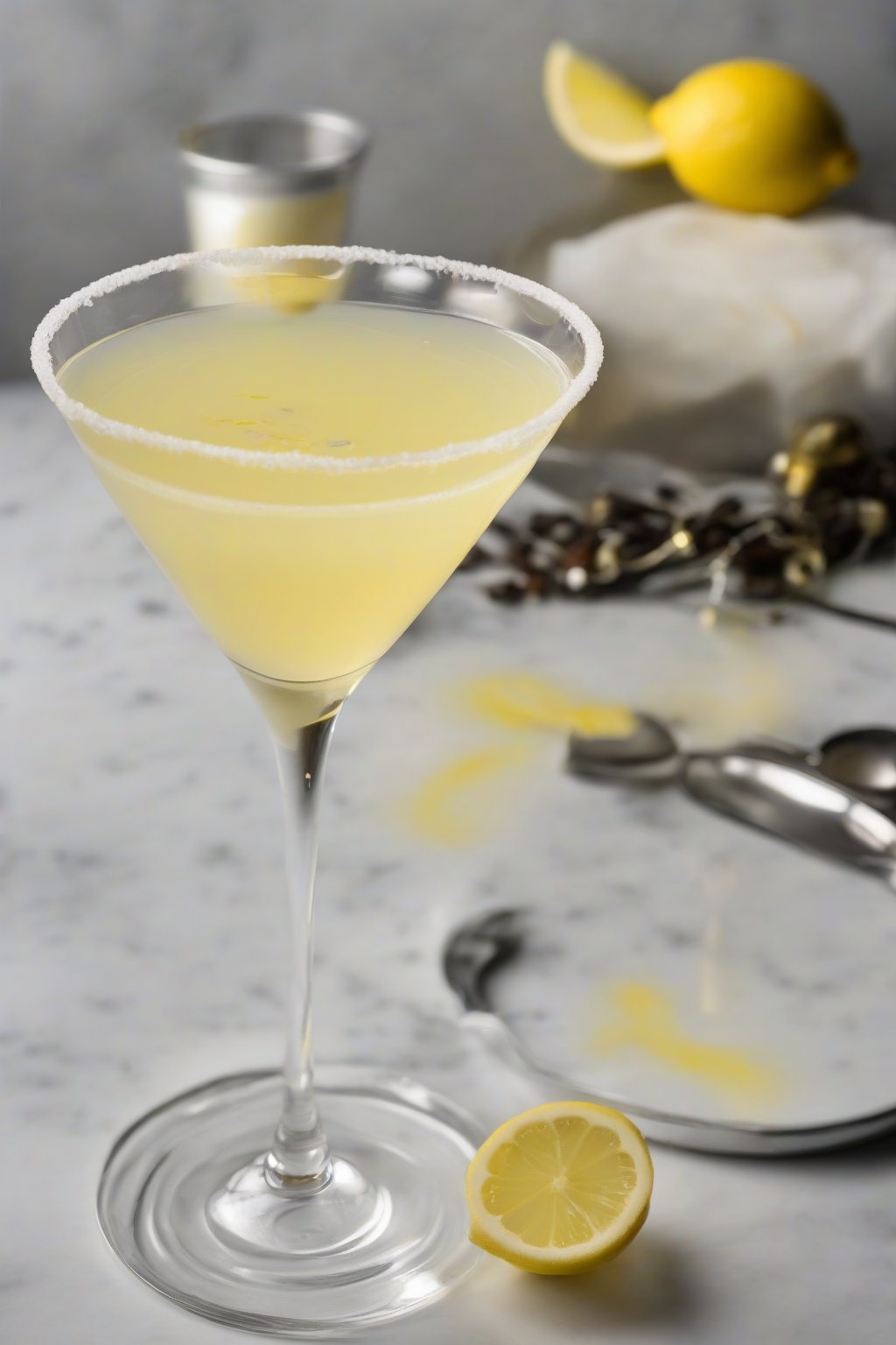 A high-resolution photo of a vanilla bean tart Lemon Drop Martini with pod garnish, under soft lighting.