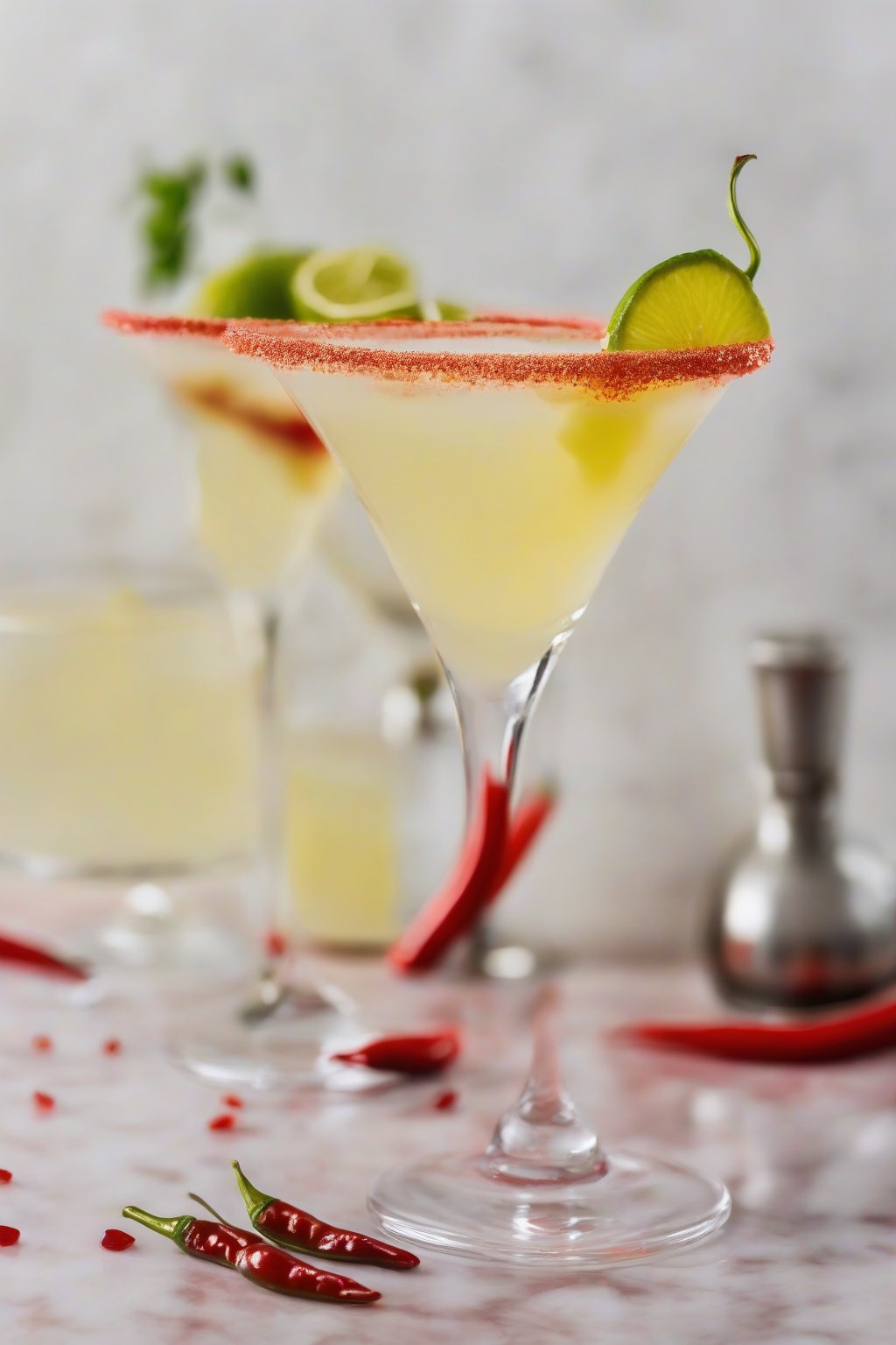 A high-resolution photo of a chili lime tart Lemon Drop Martini with red rim, under soft lighting.