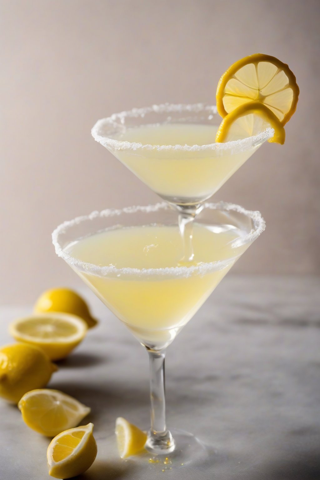 A high-resolution photo of a Meyer lemon tart Drop Martini with twisted peel, under soft lighting.