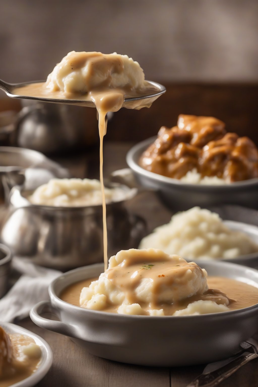 A high-resolution photo of classic thick chicken gravy poured generously over fluffy mashed potatoes, steam rising, under soft lighting.