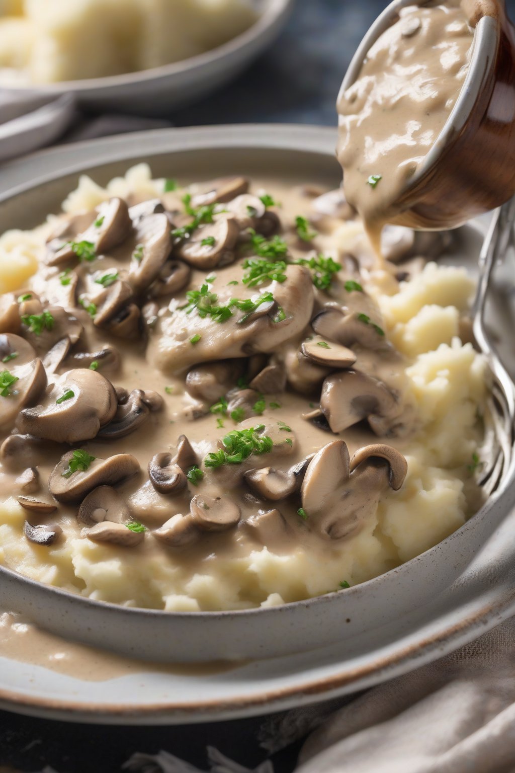 A high-resolution photo of creamy mushroom chicken gravy cascading over mashed potatoes with visible mushroom slices, under soft lighting.