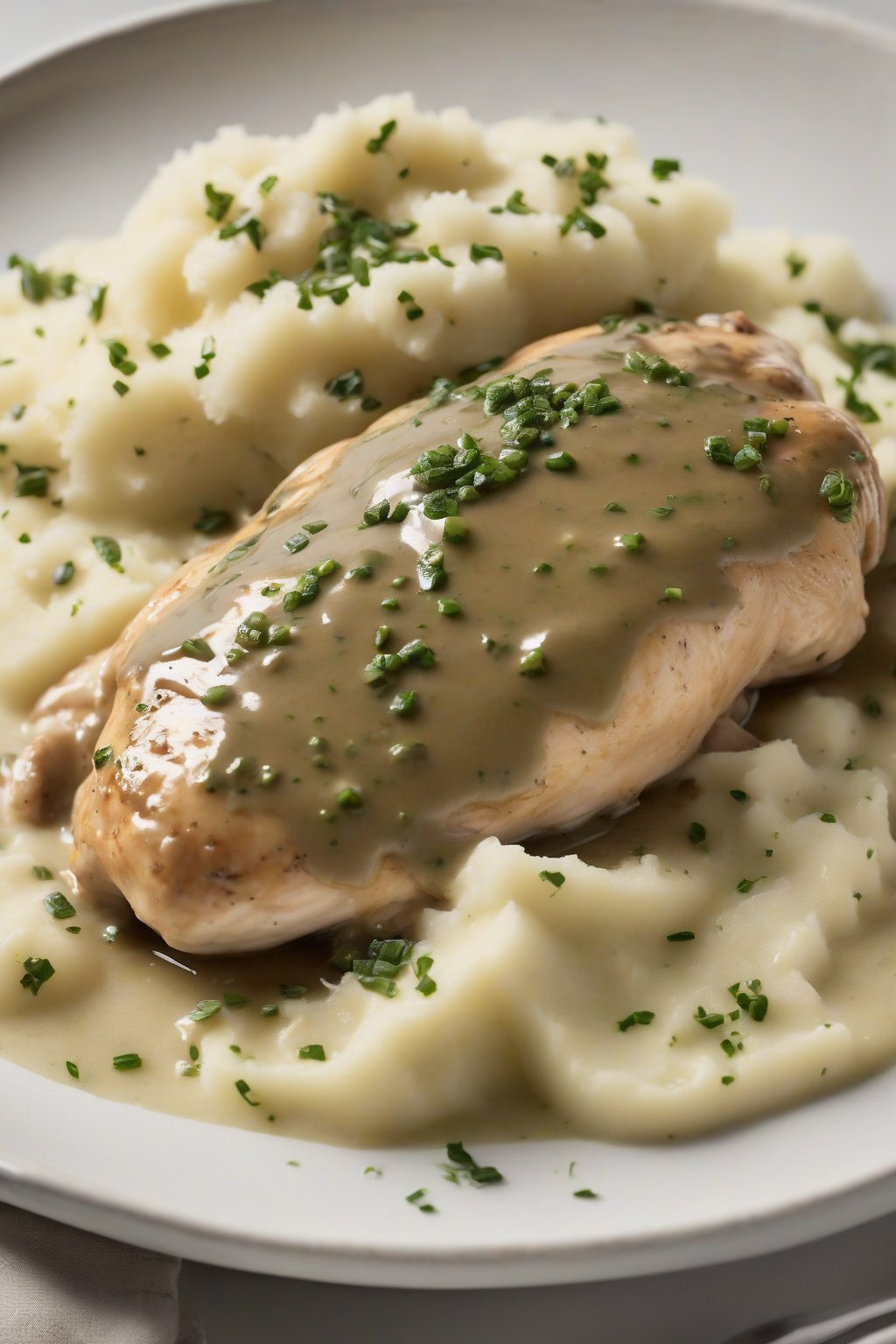 A high-resolution photo of herbed chicken gravy with green flecks poured over smooth mashed potatoes, under soft lighting.