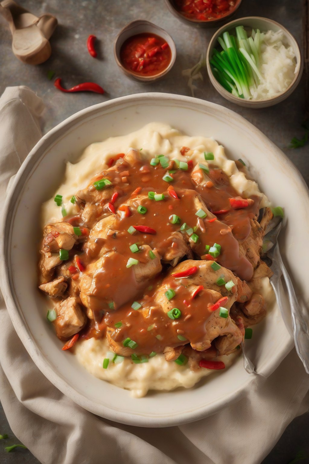 A high-resolution photo of spicy Cajun chicken gravy with red pepper bits over creamy mashes, garnished with green onions, under soft lighting.