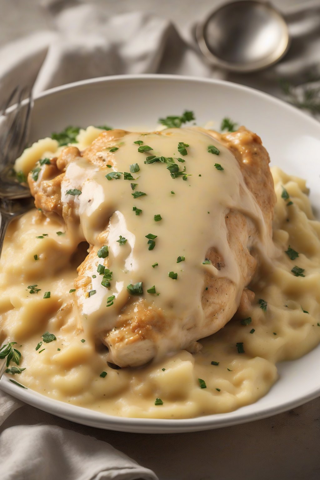 A high-resolution photo of garlic Parmesan chicken gravy, golden and cheesy, spooned over mashed potatoes, under soft lighting.