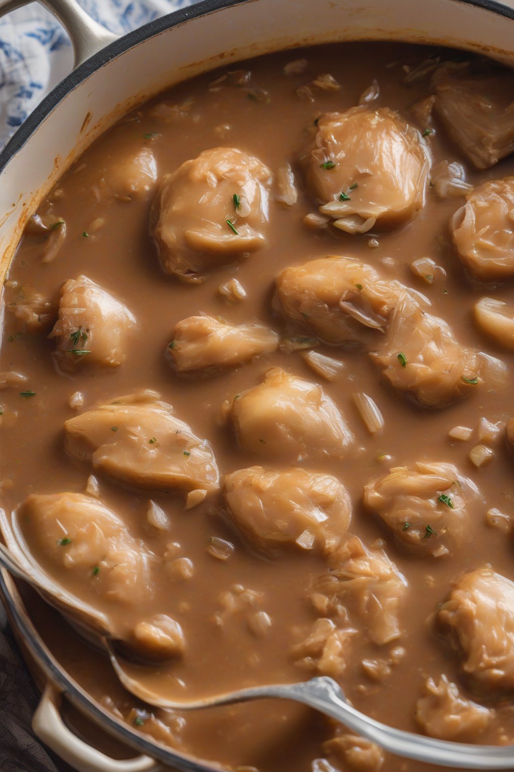 A high-resolution photo of caramelized onion chicken gravy, glossy and ringed with onions, over fluffy mashes, under soft lighting.