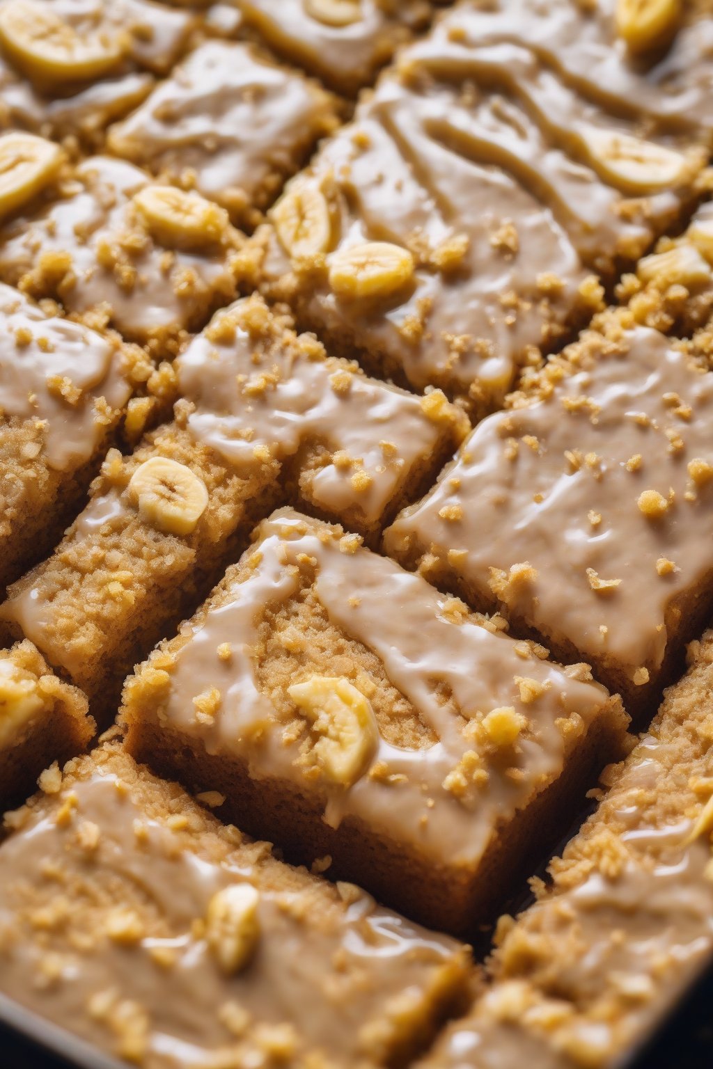 A high-resolution close-up photo of vegan moist banana cake square with simple glaze, vibrant yellow crumb, under soft lighting.