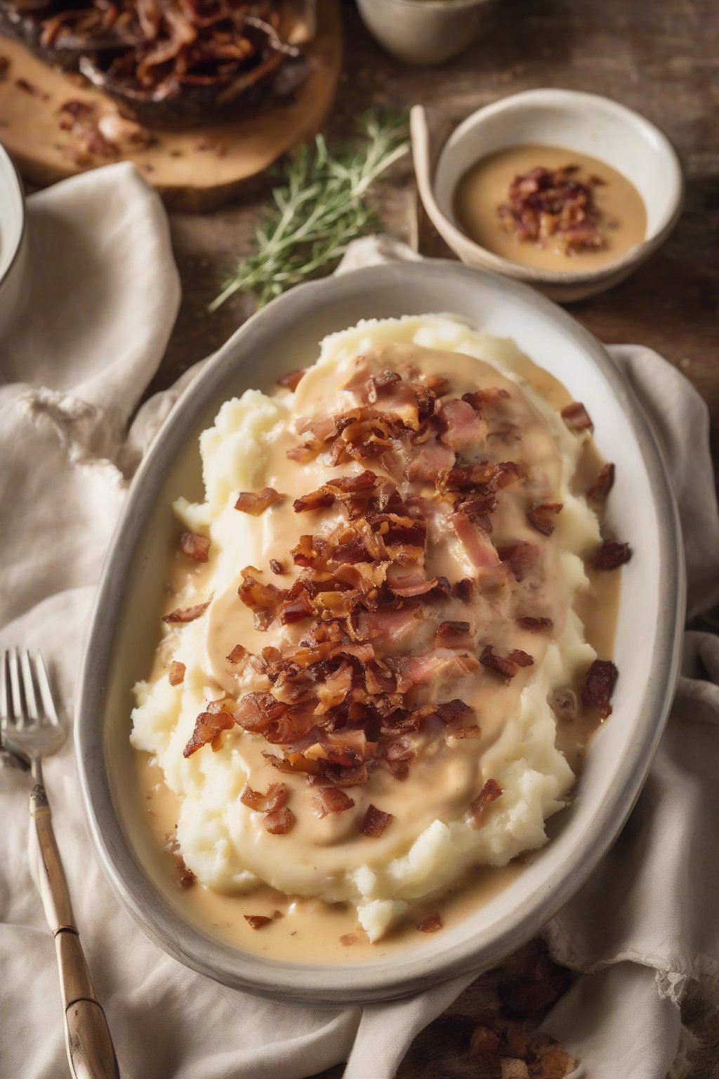 A high-resolution photo of bacon chicken gravy with crispy bits poured thickly over mashed potatoes, under soft lighting.
