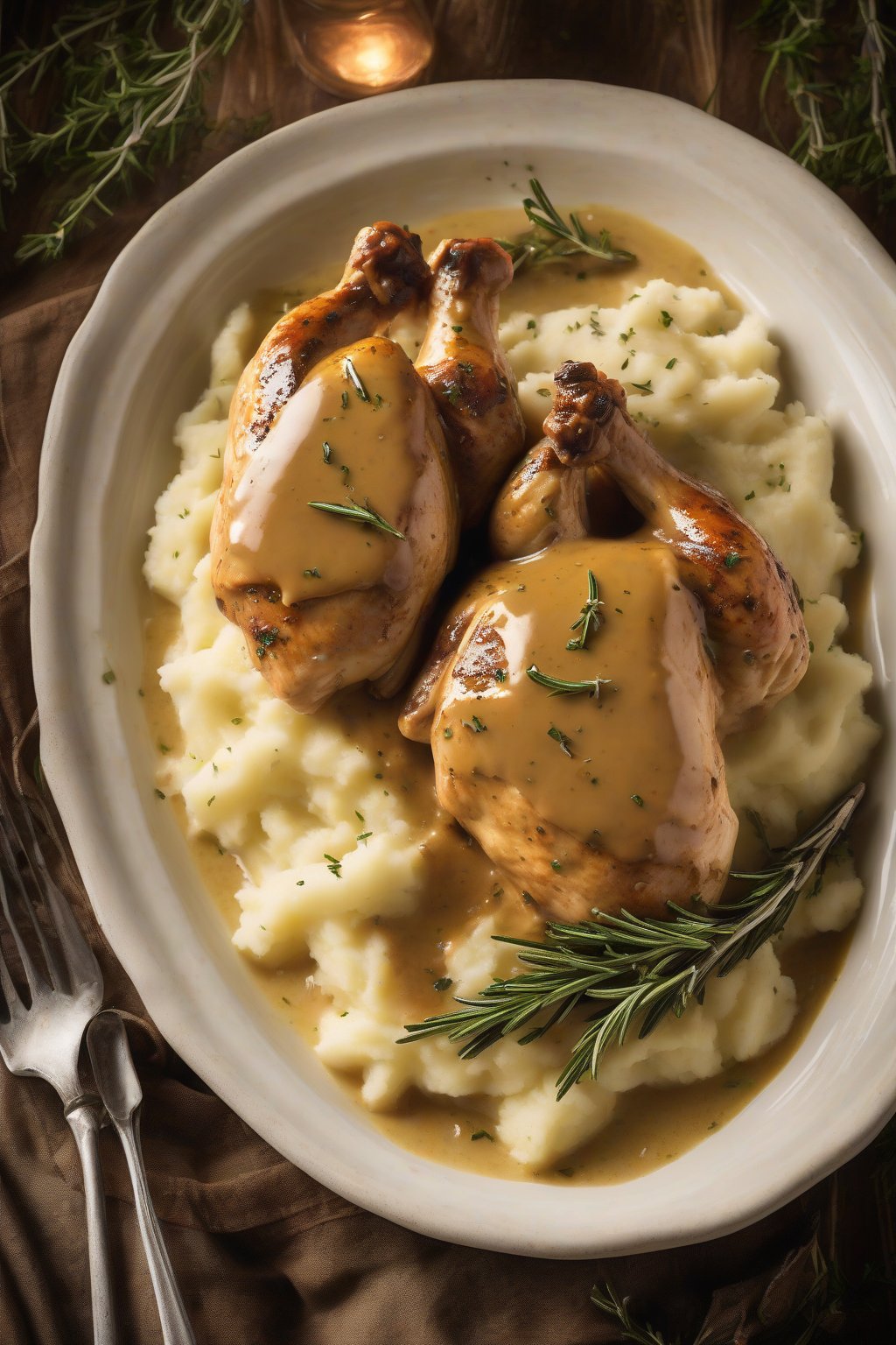 A high-resolution photo of rosemary thyme chicken gravy, herbaceous and steaming, atop creamy mashed potatoes, under soft lighting.