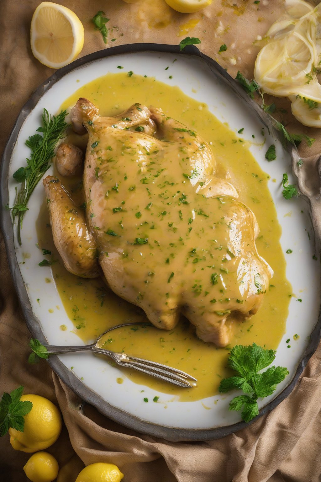 A high-resolution photo of lemon herb chicken gravy, vibrant yellow with green flecks, drizzled over mashes, under soft lighting.