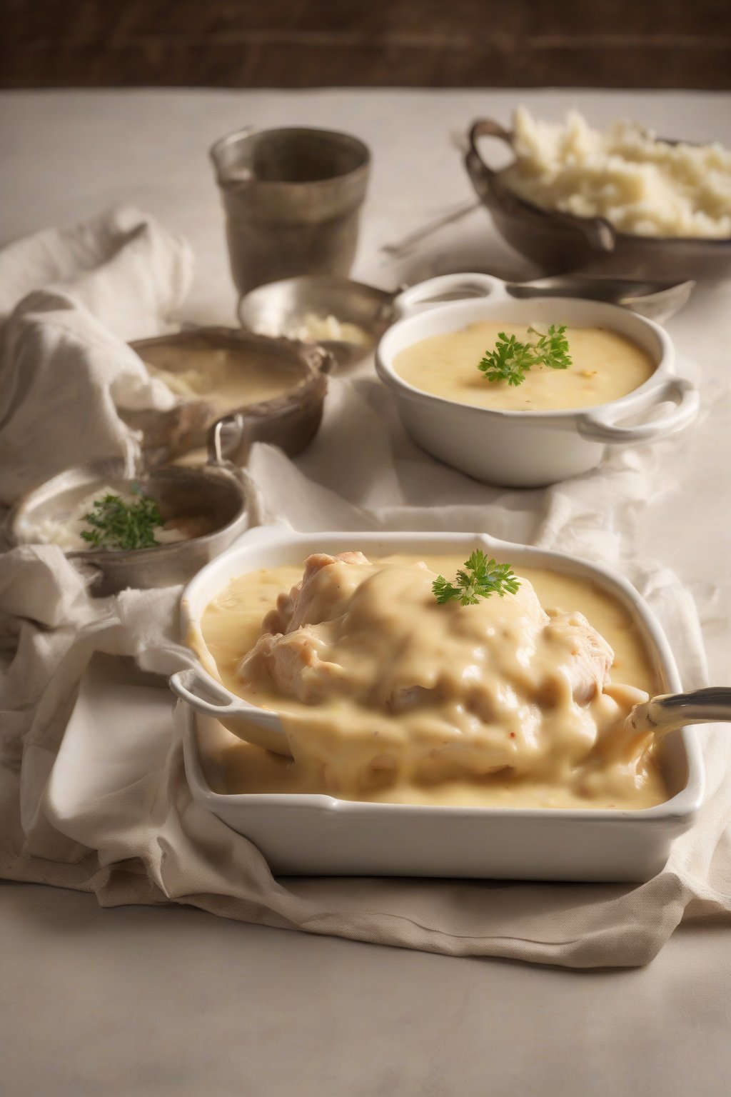 A high-resolution photo of cheesy chicken gravy, melted and stretchy, smothering mashed potatoes, under soft lighting.