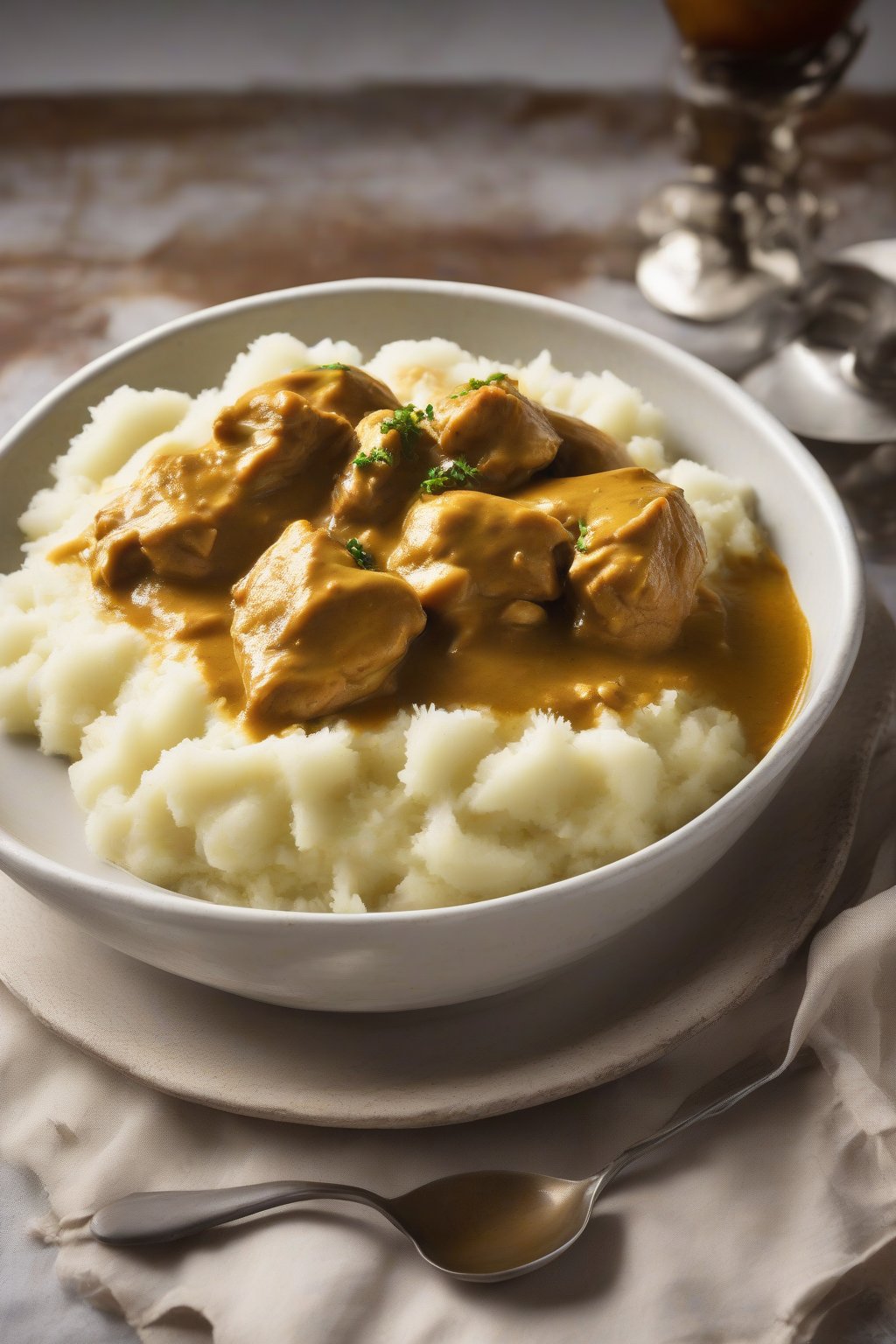 A high-resolution photo of curry chicken gravy, golden and aromatic, over white mashed potatoes, under soft lighting.