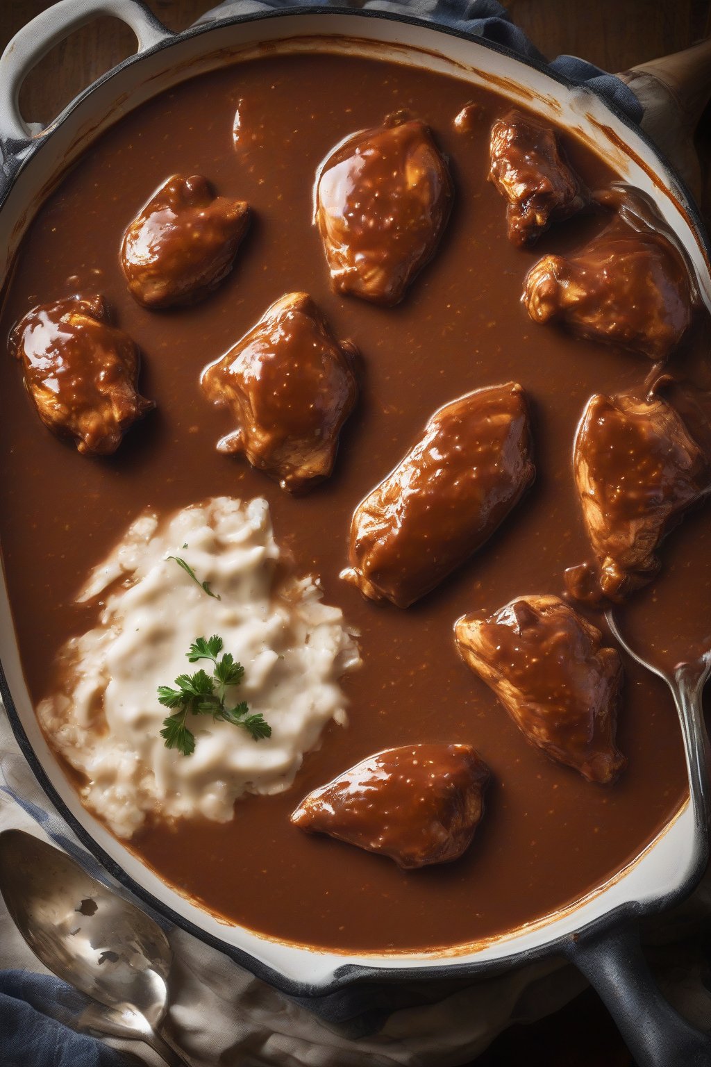 A high-resolution photo of smoky BBQ chicken gravy, dark and glossy, ladled onto mashes, under soft lighting.