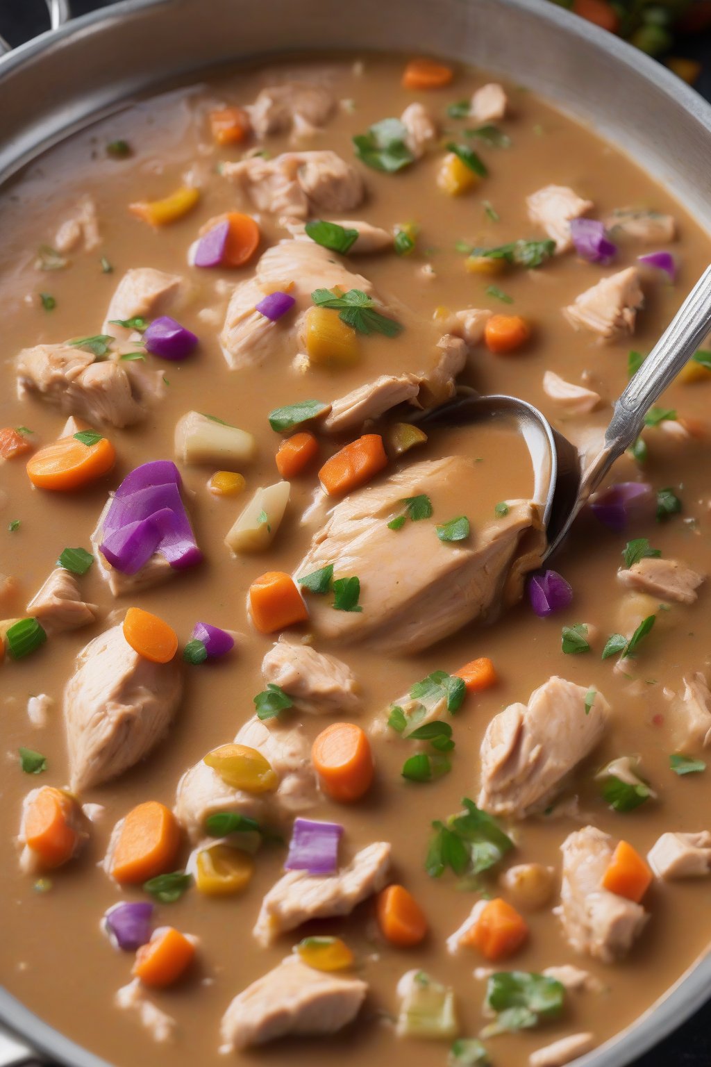 A high-resolution photo of veggie-packed chicken gravy with colorful bits over smooth mashes, under soft lighting.