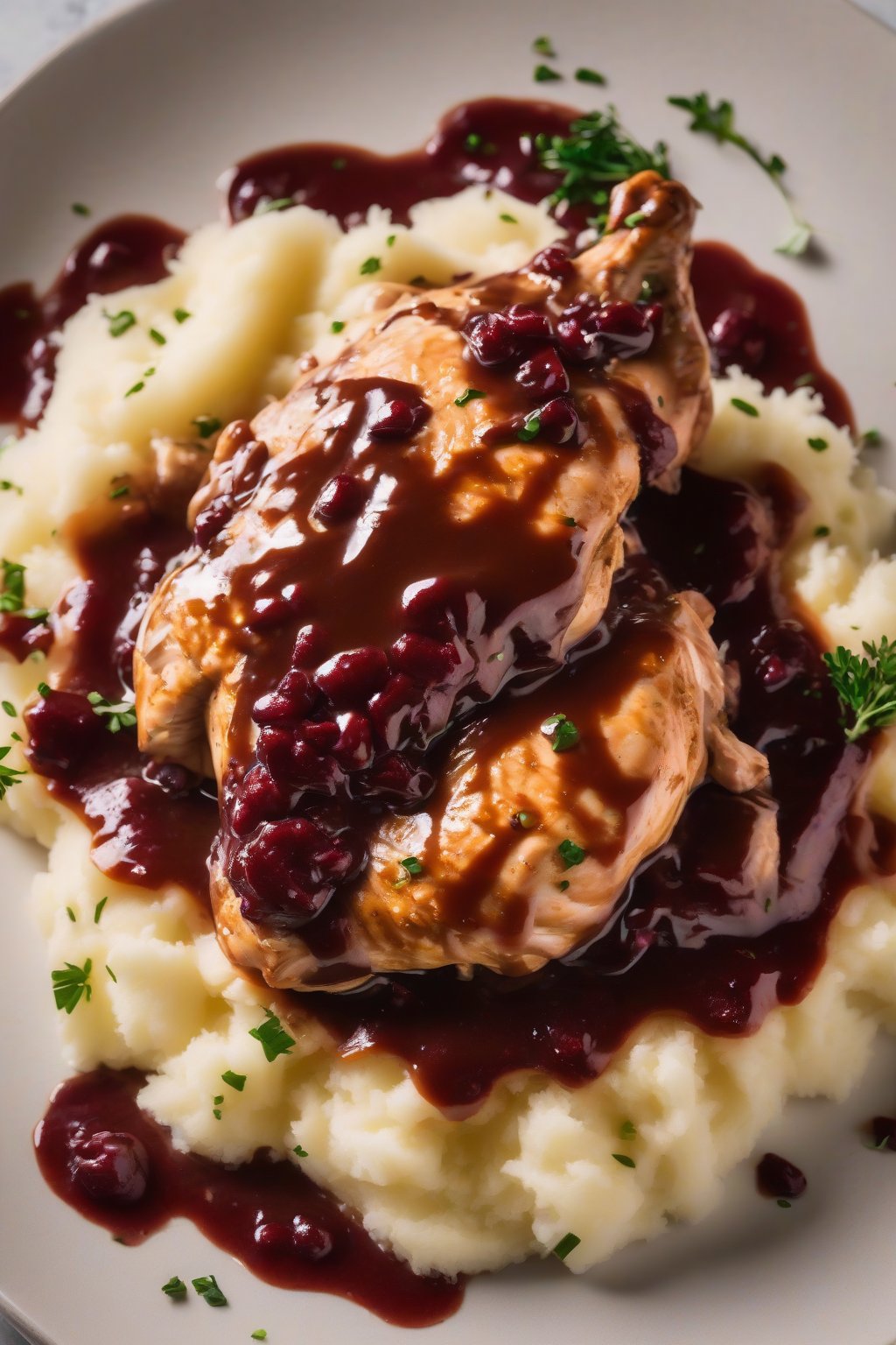 A high-resolution photo of red wine chicken gravy, deep burgundy and rich, poured over mashed potatoes, under soft lighting.