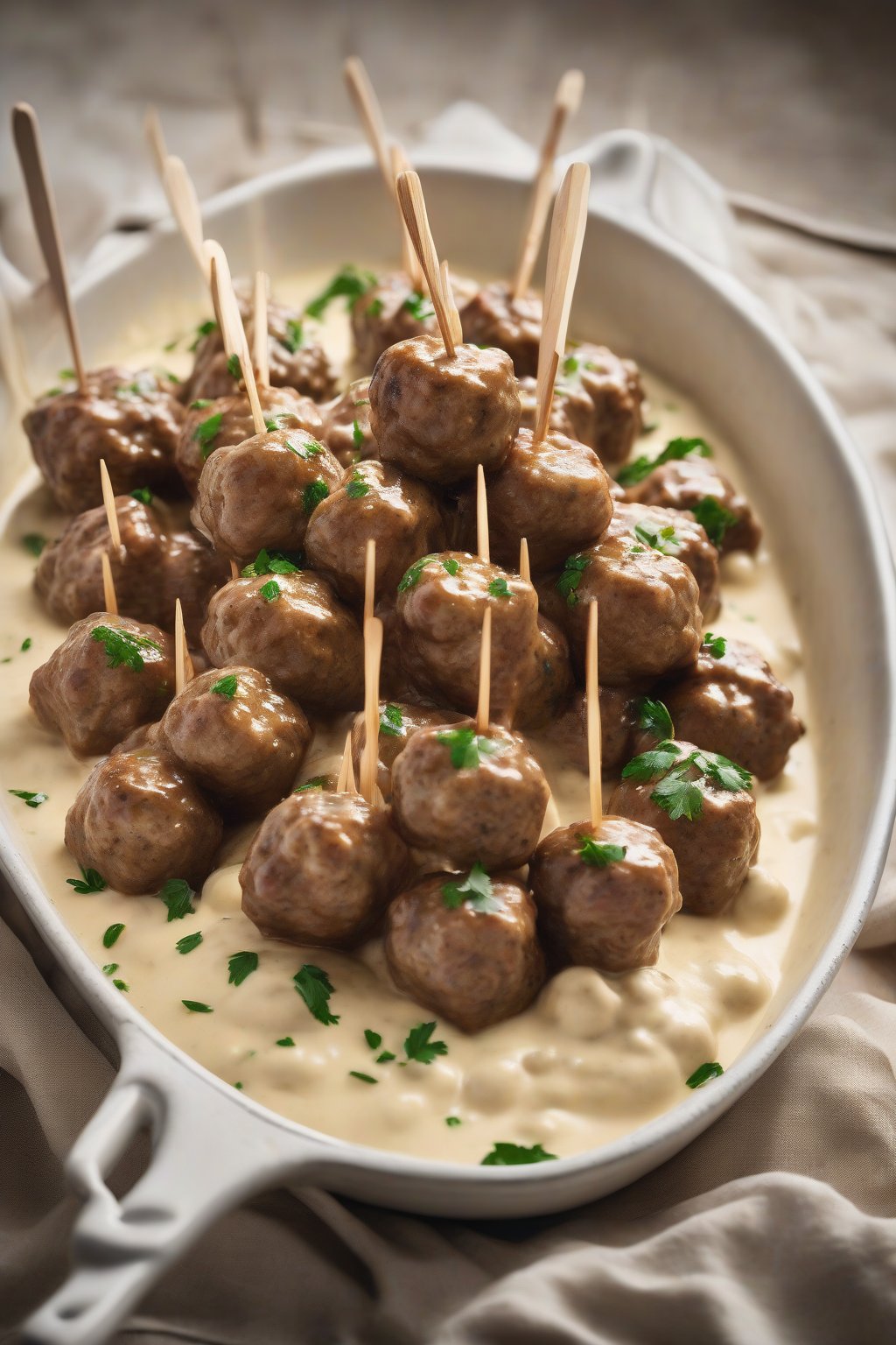 A high-resolution photo of golden-brown classic Swedish meatballs in creamy white sauce, skewered on toothpicks, under soft lighting.