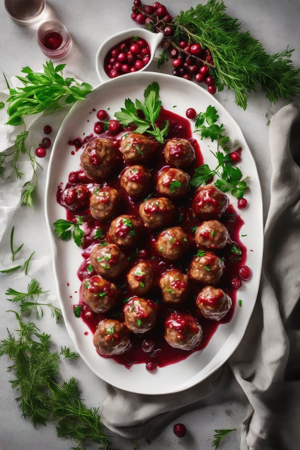 A high-resolution photo of shiny lingonberry-glazed Swedish meatballs on a white platter, garnished with fresh herbs, under soft lighting.