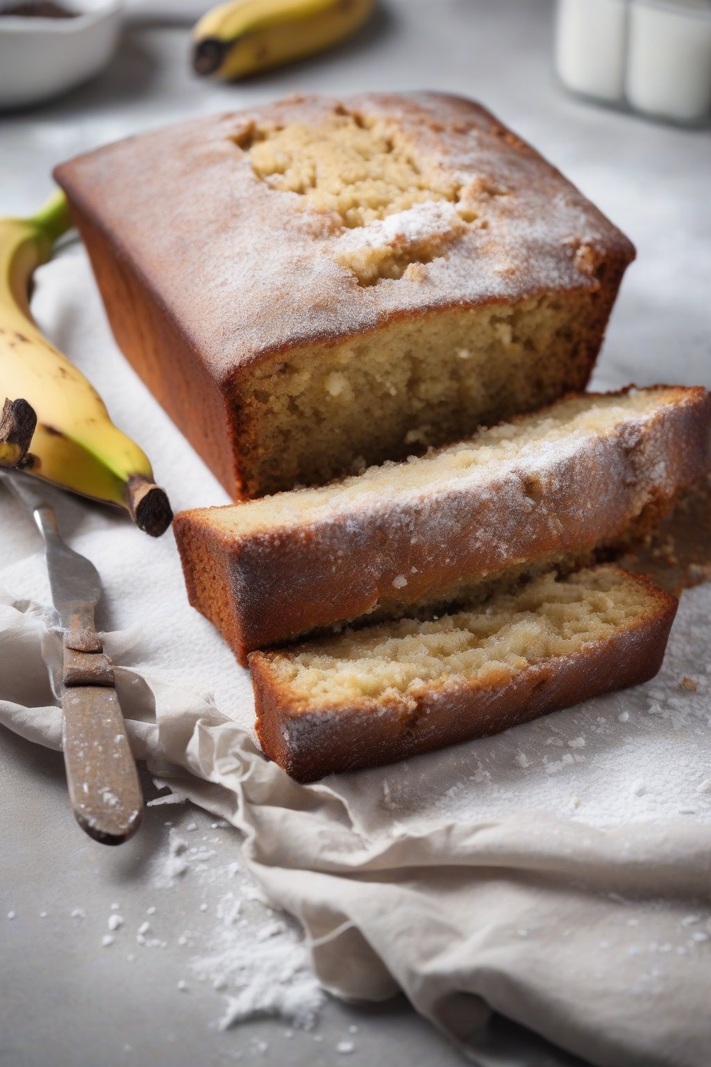 A high-resolution close-up photo of gluten-free moist banana cake loaf, dusted with powdered sugar, under soft lighting.
