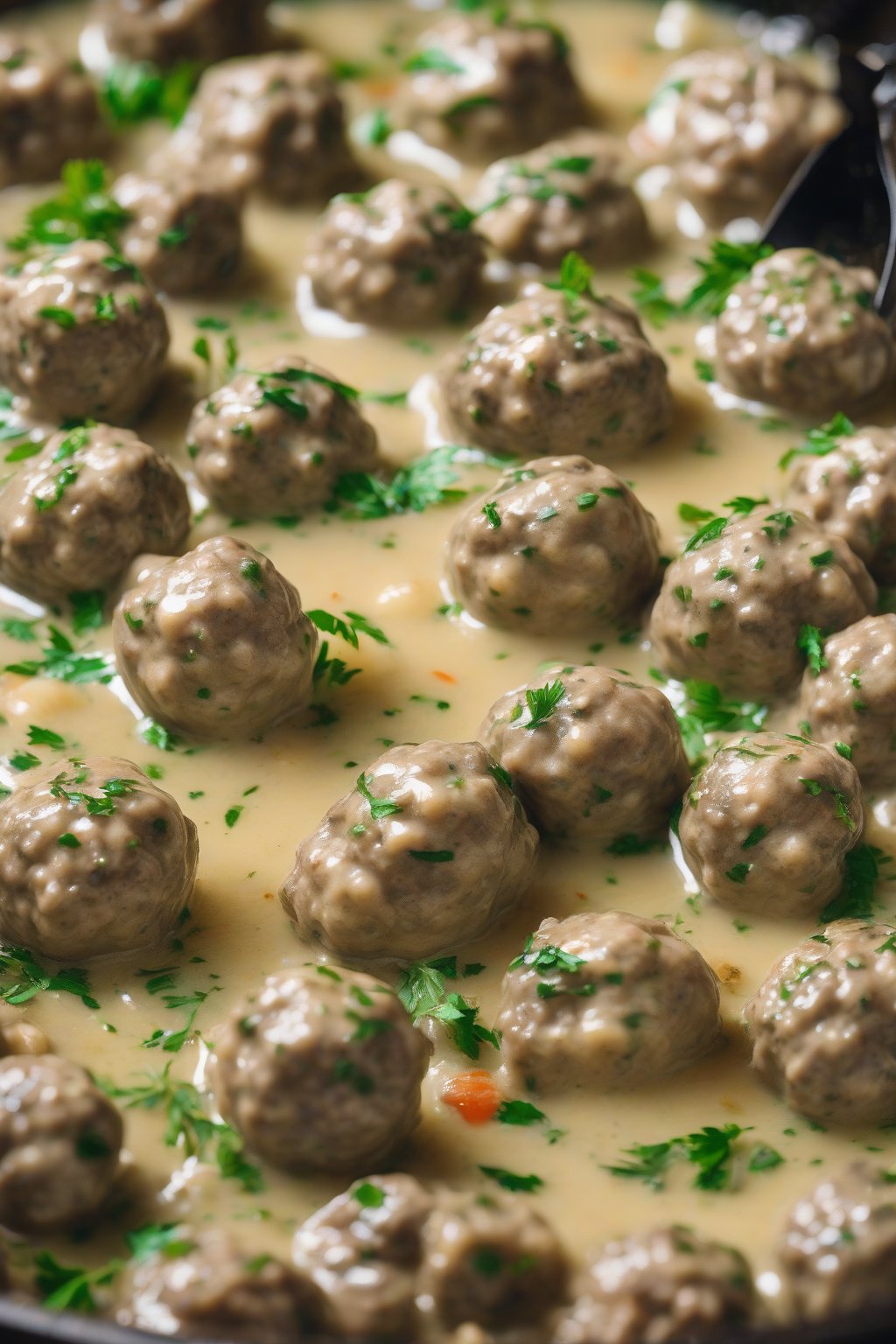 A high-resolution photo of herb-flecked garlic Swedish meatballs in a light sauce, steam rising gently, under soft lighting.