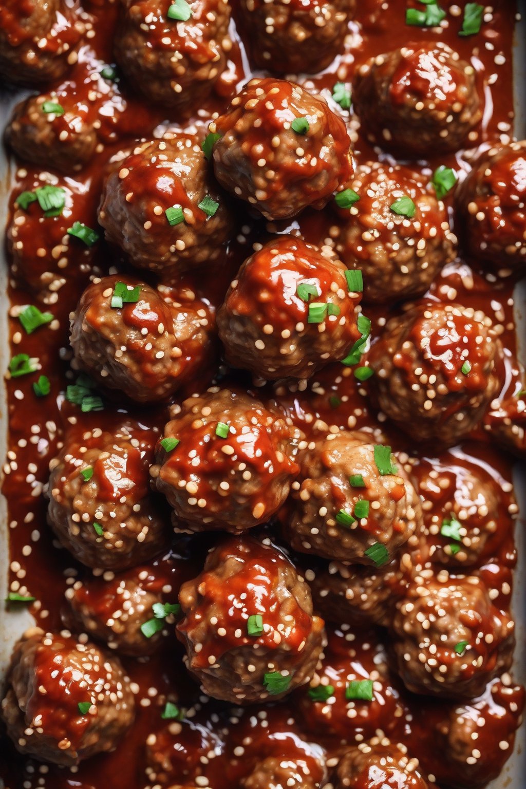 A high-resolution photo of glossy red sriracha Swedish meatballs piled high with sesame seeds, under soft lighting.
