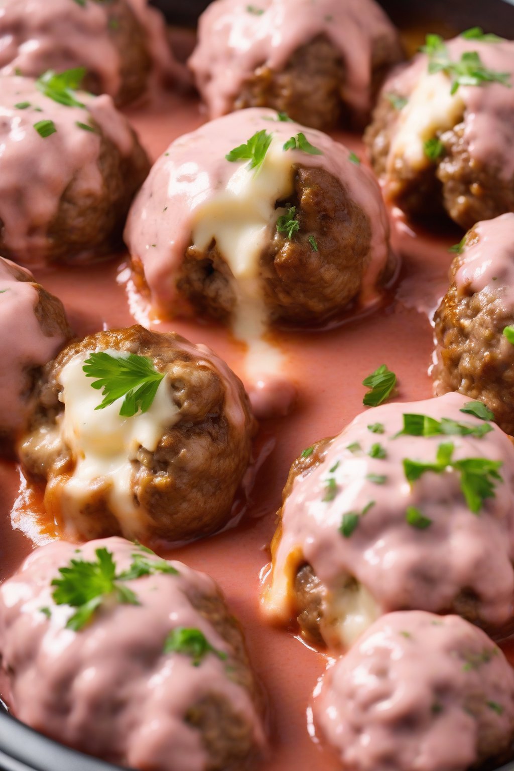 A high-resolution photo of halved cheesy stuffed Swedish meatballs oozing mozzarella, in pink sauce, under soft lighting.