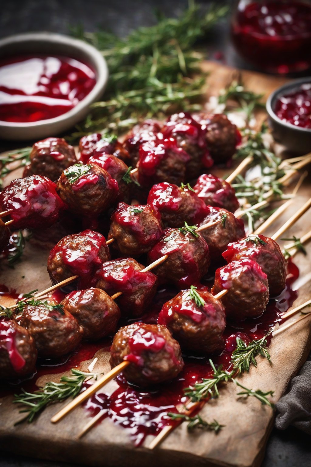 A high-resolution photo of ruby-red cranberry-glazed Swedish meatballs on skewers with thyme sprigs, under soft lighting.