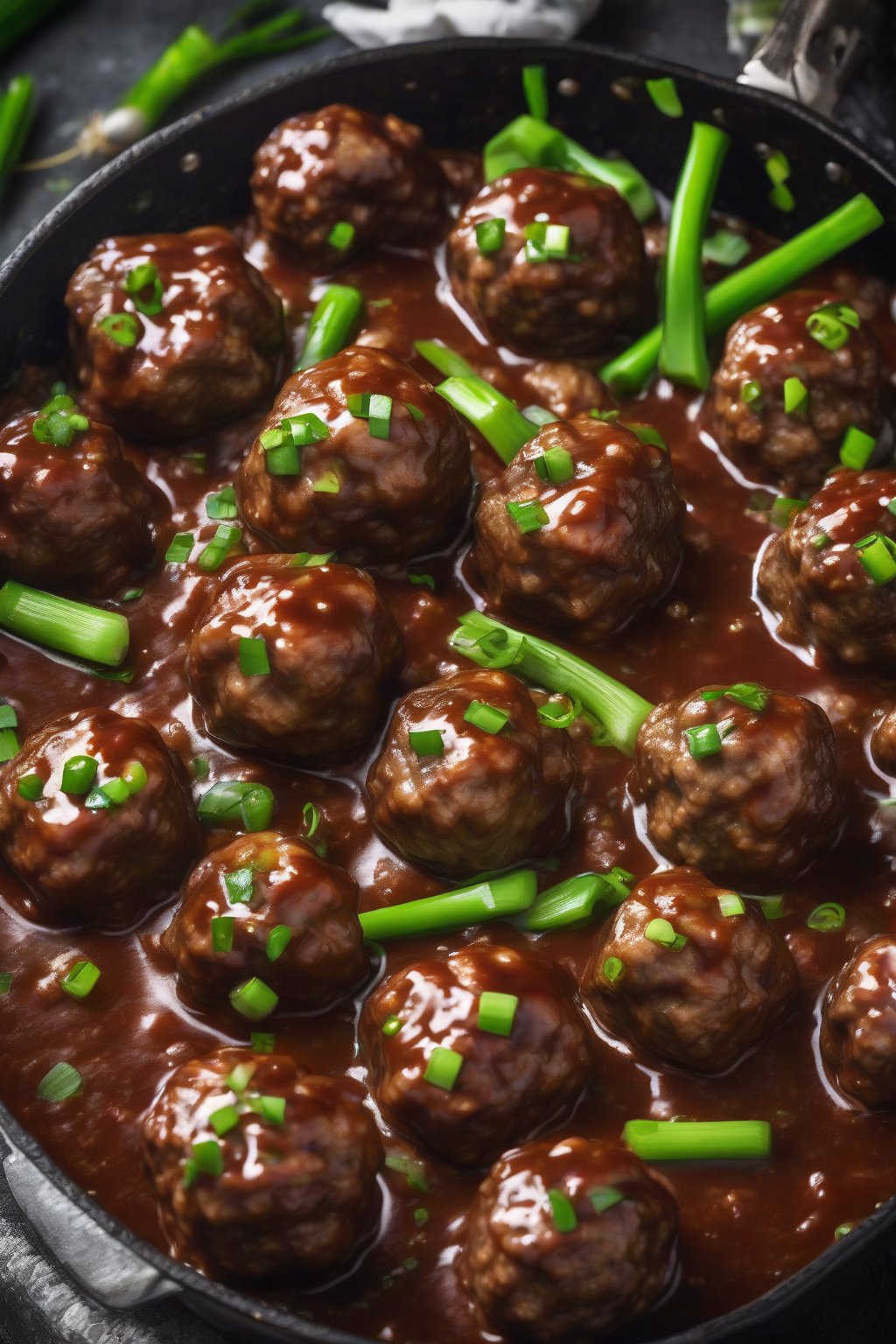 A high-resolution photo of saucy BBQ Swedish meatballs with a smoky sheen, garnished with green onions, under soft lighting.