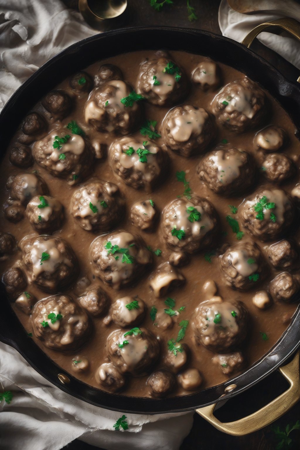 A high-resolution photo of mushroom-studded Swedish meatballs in velvety sauce, under soft lighting.