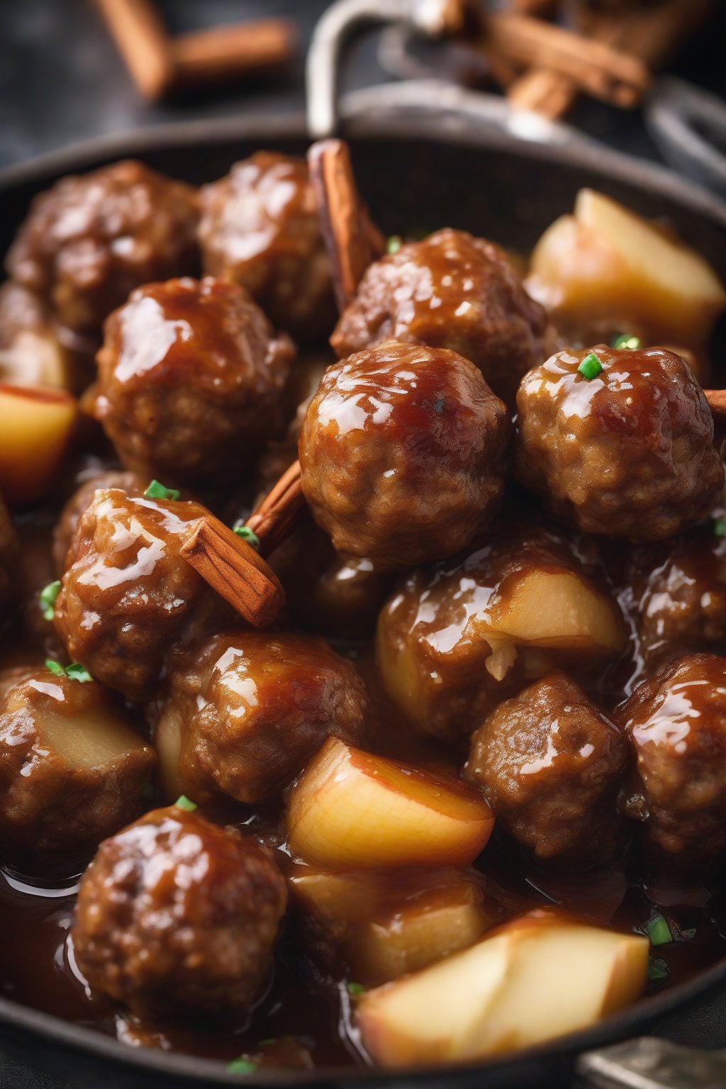 A high-resolution photo of caramelized apple cider Swedish meatballs with cinnamon sticks, under soft lighting.