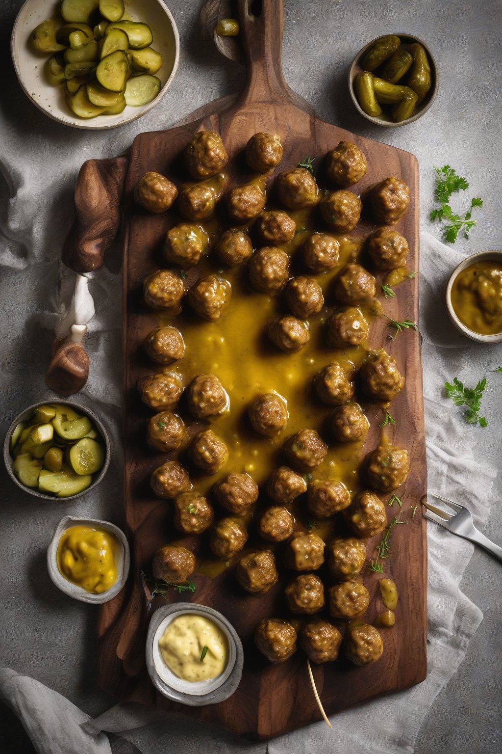 A high-resolution photo of golden honey mustard Swedish meatballs on a board with pickles, under soft lighting.