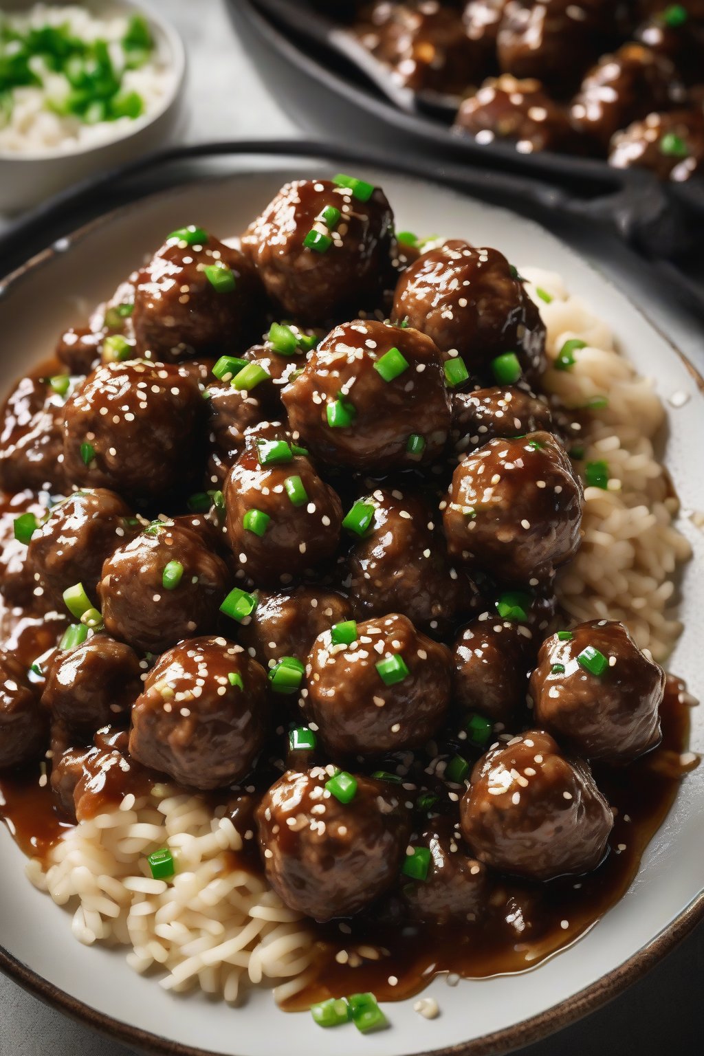 A high-resolution photo of teriyaki-glossed Swedish meatballs sprinkled with sesame and scallions, under soft lighting.
