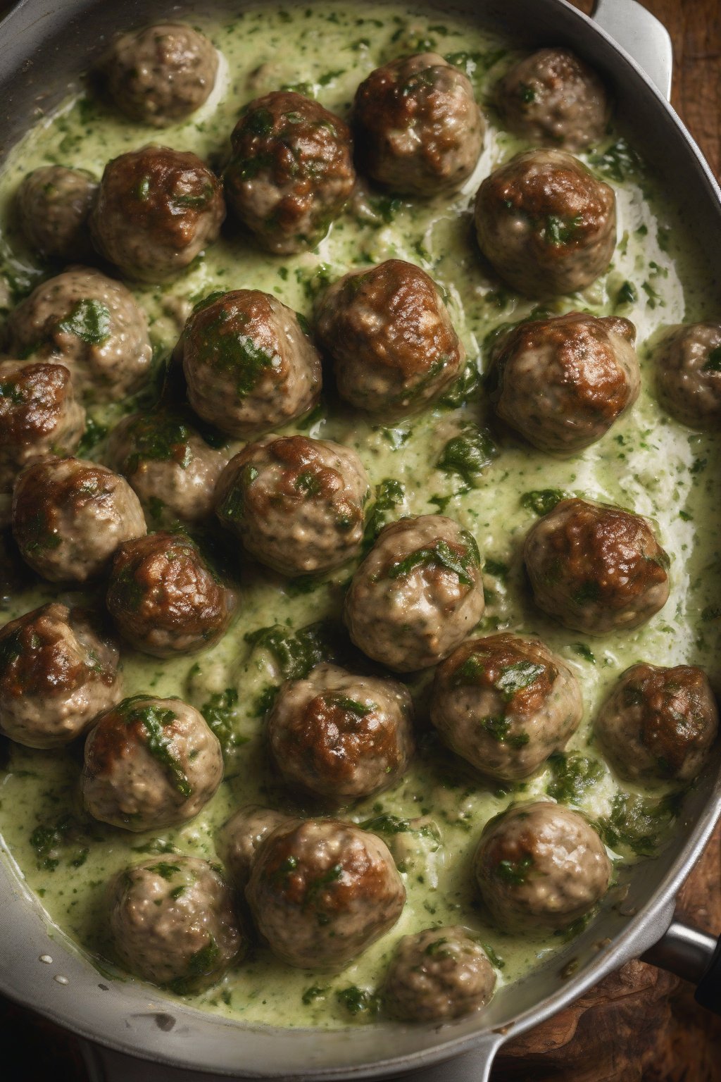 A high-resolution photo of pesto-drizzled green-flecked Swedish meatballs, under soft lighting.