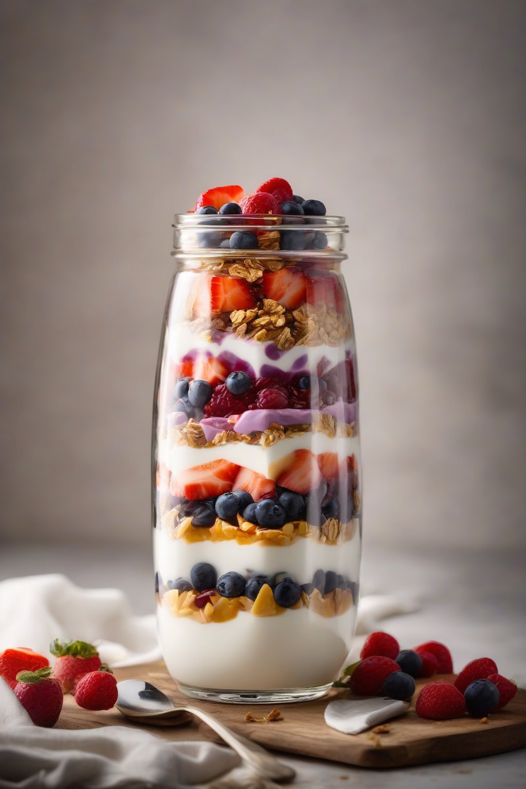 A high-resolution photo of layered yogurt parfait in a glass jar under soft lighting.