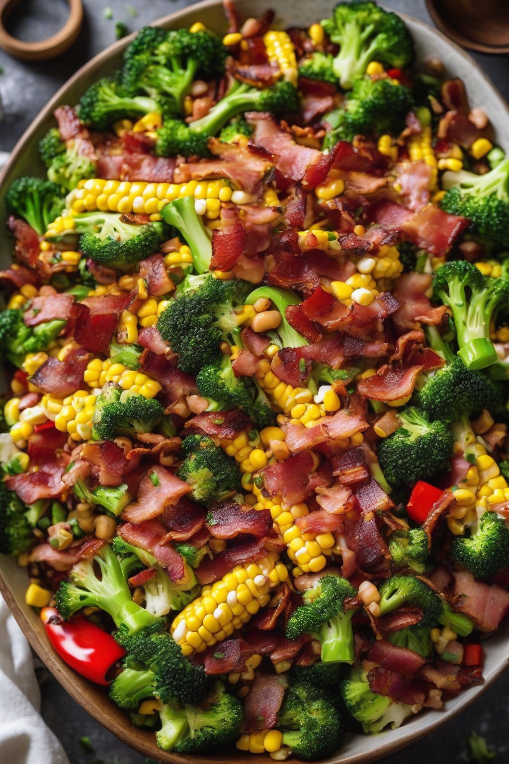 A high-resolution photo of BBQ bacon broccoli salad with corn and peppers, smoky and glossy, under soft lighting.