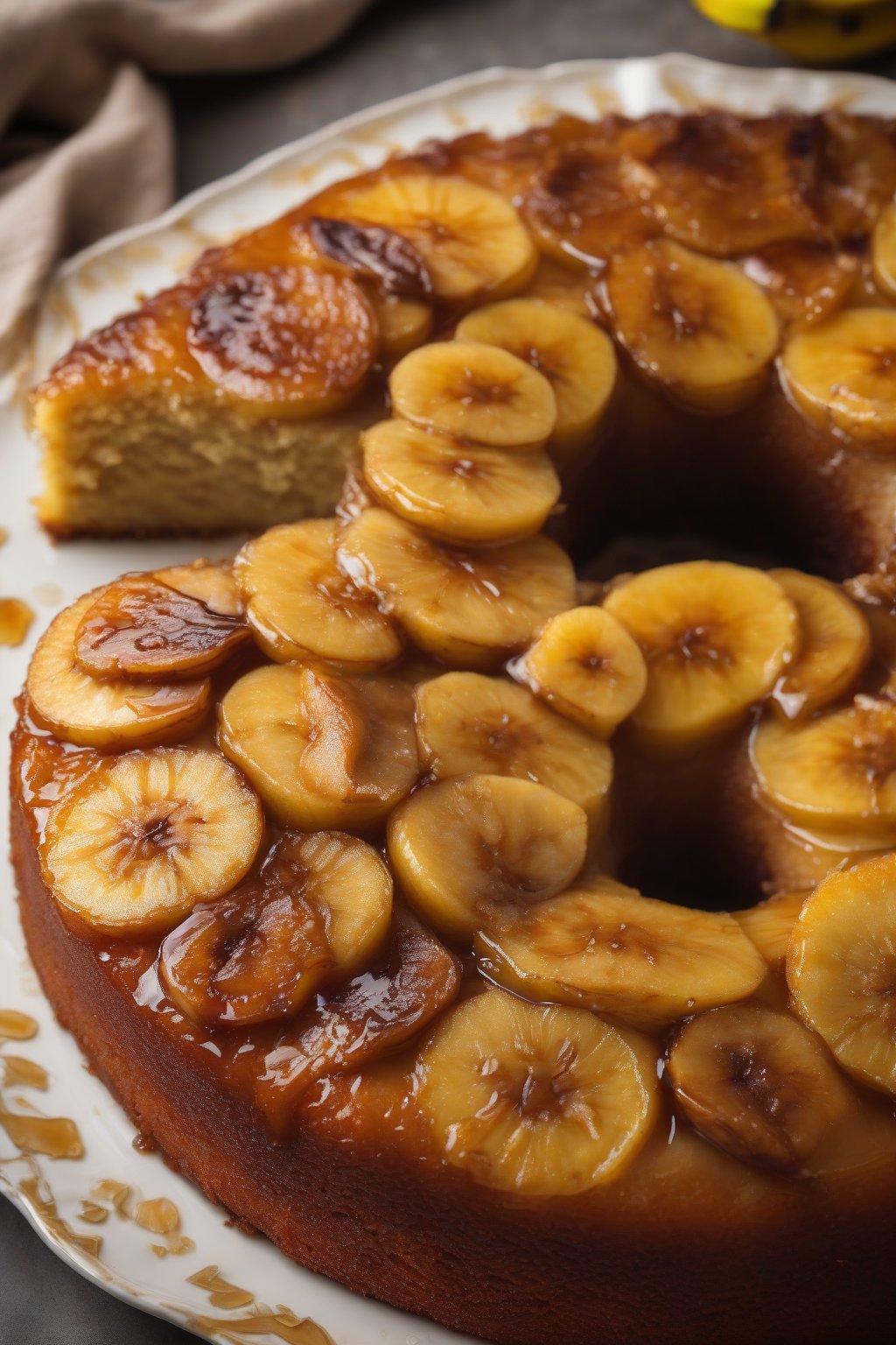 A high-resolution close-up photo of banana upside-down moist cake with glistening caramelized bananas on top, under soft lighting.