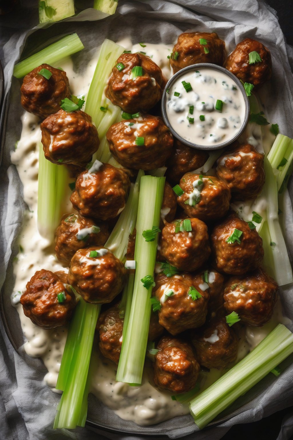 A high-resolution photo of spicy buffalo Swedish meatballs with celery sticks and ranch, under soft lighting.