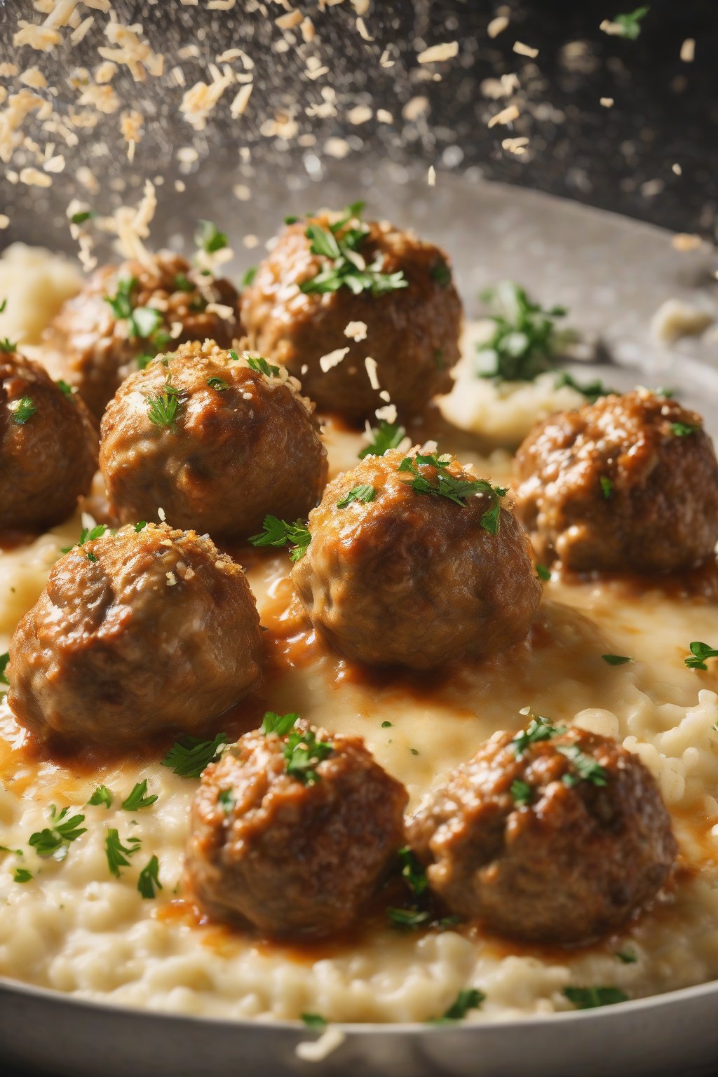 A high-resolution photo of golden parmesan-crusted Swedish meatballs in sauce, crumbs flying, under soft lighting.